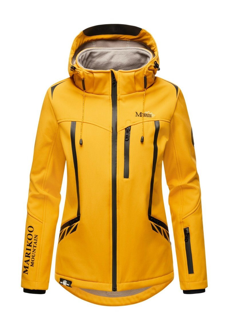 Yellow softshell jacket featuring a zip closure, adjustable hood, black accents, two side pockets, and a logo on the chest.