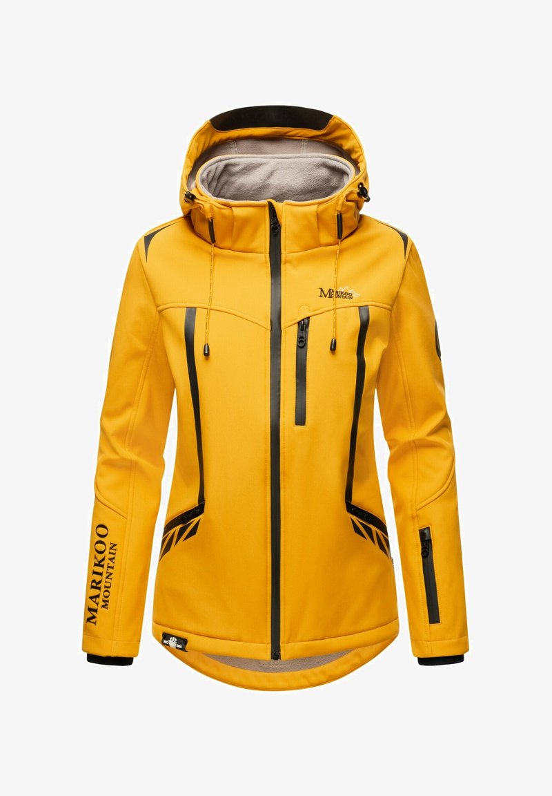 Žuta jakna od mekane tkanine s patentnim zatvaračem, podesivom kapuljačom, crnim detaljima, dva bočna džepa i logom na prsima.