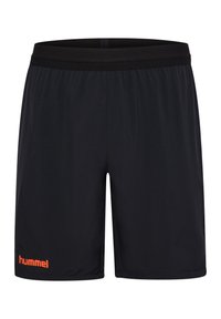 Zwarte sportshorts van lichtgewicht stof, met een elastische tailleband en een oranje "hummel" logo aan de onderkant links.