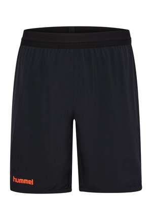 Zwarte sportshorts van lichtgewicht stof, met een elastische tailleband en een oranje "hummel" logo aan de onderkant links.