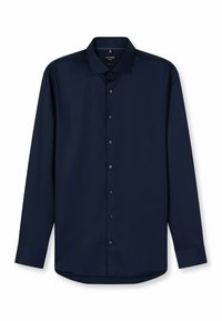 Marineblaues Langarmhemd aus glattem Stoff, mit einem klassischen Kragen, vorderen Knöpfen und einem abgerundeten Saum.