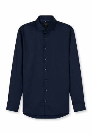 Navy blue long-sleeved shirt made of smooth fabric, featuring a classic collar, front buttons, and a curved hem.