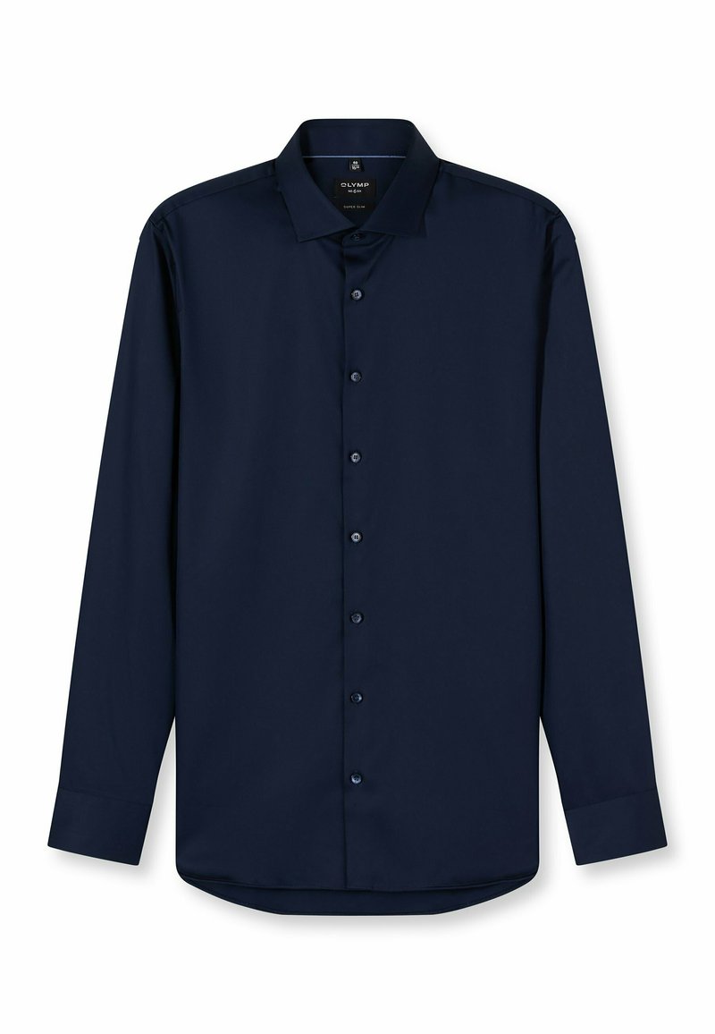 Marineblaues Langarmhemd aus glattem Stoff, mit einem klassischen Kragen, vorderen Knöpfen und einem abgerundeten Saum.