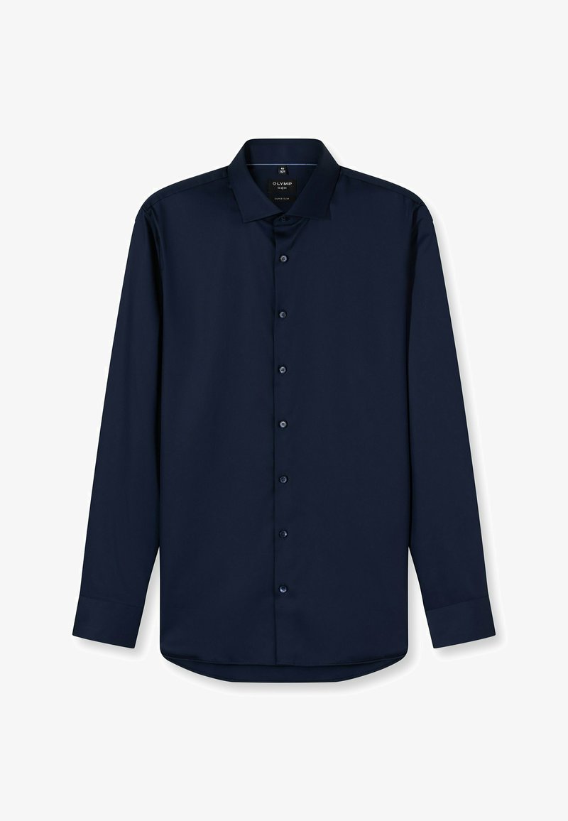 Marineblaues Langarmhemd aus glattem Stoff, mit einem klassischen Kragen, vorderen Knöpfen und einem abgerundeten Saum.