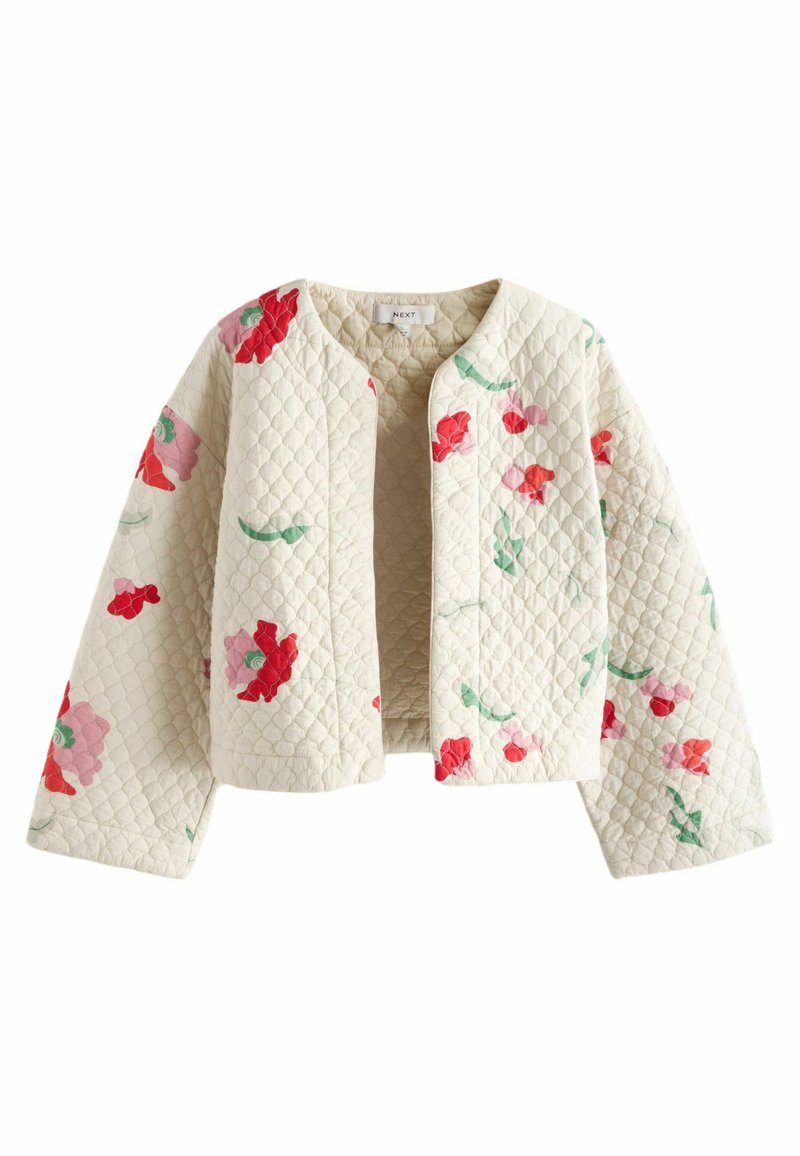 Steppjacke in off-weiß mit floralen Stickereien in Rot und Pink. Verfügt über einen runden Halsausschnitt und weite Ärmel, die eine strukturierte Oberfläche zeigen.
