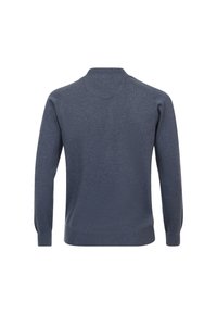 Pull léger bleu foncé à manches longues, col rond et texture lisse. Design simple, sans motifs ni accents visibles.