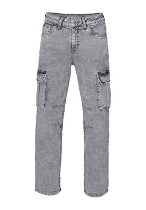Grå denim cargobukser med knaplukning, bæltestropper, forlommer og klaplommer på begge lår.