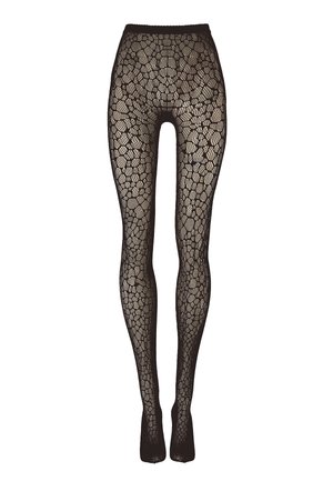 Zwarte kanten legging met een geometrisch honingraatpatroon, hoge taille en doorschijnende textuur. Gemaakt van elastisch materiaal voor een snug fit.
