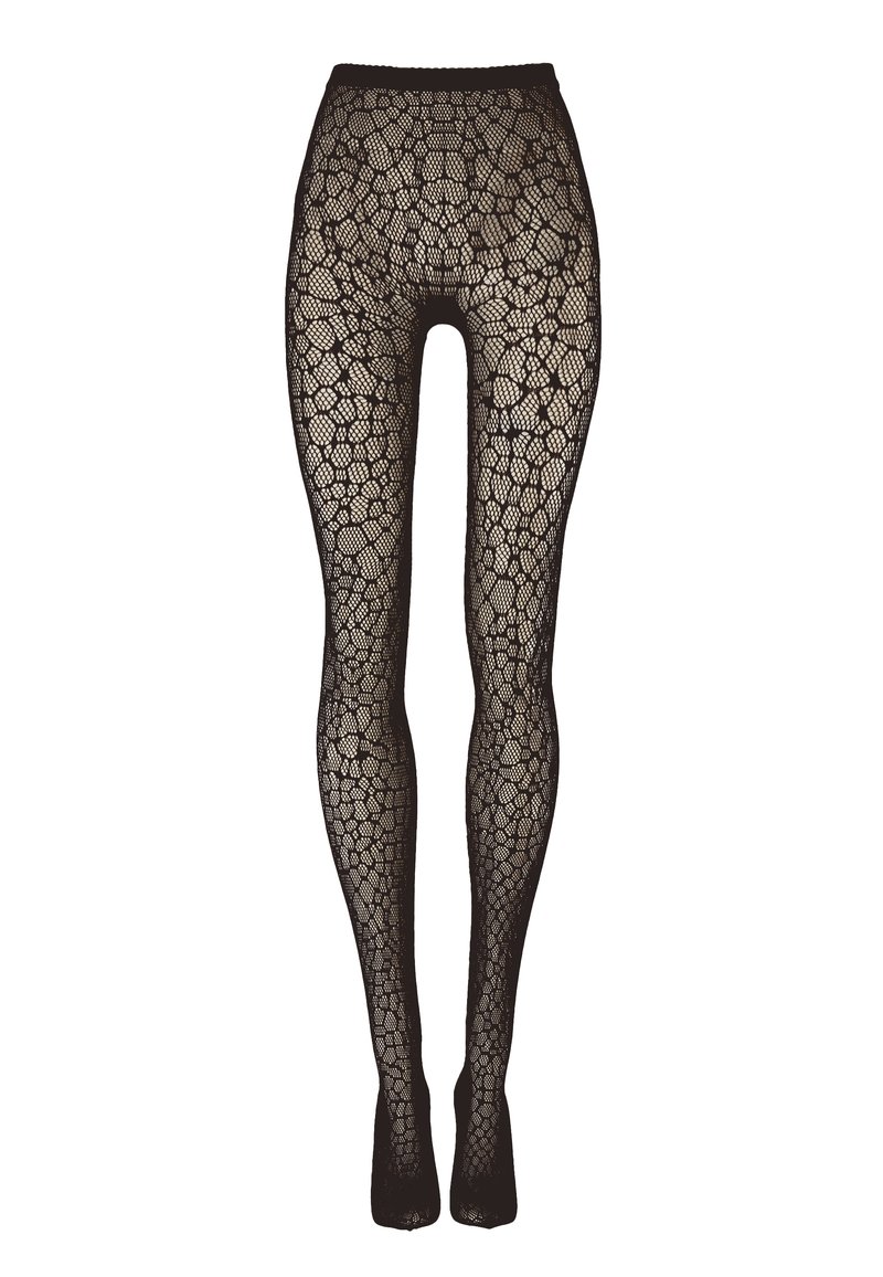 Svarta spetsleggings med ett geometriskt bikakesmönster, hög midja och genomskinlig textur. Tillverkade av elastiskt material för en tajt passform.