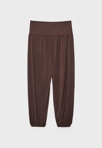 Pantalon marron à coupe ample avec une large taille élastique et des chevilles élastiques froncées, réalisé dans un tissu doux et fluide.