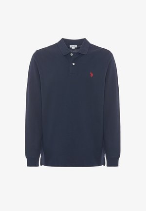 Polo a maniche lunghe in cotone navy con colletto a tre bottoni e logo rosso ricamato sul lato sinistro del petto. Tessuto morbido, vestibilità classica.