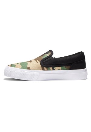 Sneakersy wsuwane z białą podeszwą, czarnym obcasem i lamówką oraz zielono-brązowym wzorem kamuflażu na przodzie i bokach.