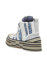 High-top sneaker made of white canvas with blue glitter stripes, a rugged frayed edge, and a thick beige platform sole with black accents.