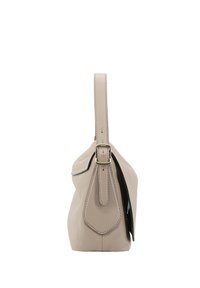 Beige leather handbag with a structured shape, single strap secured by a metal buckle, black interior, and contrasting stitching details.