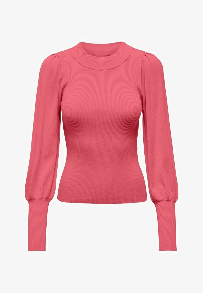 Haut à manches longues en maille côtelée corail rose avec épaules bouffantes, taille cintrée, encolure ronde et poignets allongés aux manches.
