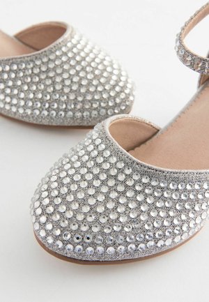 Ezüst lapos cipők lekerekített orral, az elejükön többféle méretű átlátszó strasszkövekkel borítva, és egy egyszerű bokapánttal, sima bőrbéléssel.