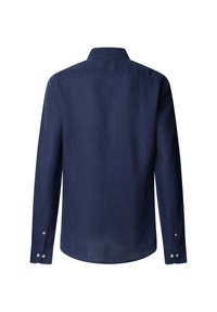 Camicia a maniche lunghe blu navy in lino, con colletto classico, polsini con bottone e taglio dritto. Tessuto liscio, senza motivi.