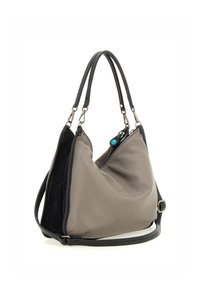 Borsa a tracolla in pelle grigia con accenti in suede nera, design morbido, doppio manico e chiusura con zip dotata di un tirante turchese.