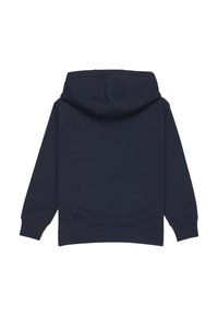 Sudadera azul marino con mangas largas, puños acanalados y capucha, mostrada desde la parte posterior sobre un fondo blanco.