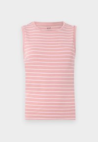 Top senza maniche rosa con strisce bianche orizzontali, scollatura rotonda e materiale in cotone morbido. Design semplice, senza ulteriori dettagli.
