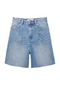 Short en denim bleu clair avec bouton avant, fermeture éclair, passants de ceinture et deux poches avant, présenté sur fond blanc.