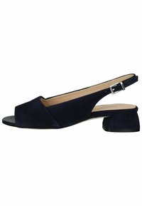 Scarpe slingback in suede blu navy con punta aperta, tacco basso a blocco e cinturino regolabile. Soletta in pelle liscia.