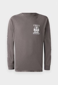 Siva pamučna majica dugih rukava s okruglim izrezom. Na prednjoj strani se nalazi logo i grafika "OBEY"; desna rukava ima bijeli tekst kao naglasak.