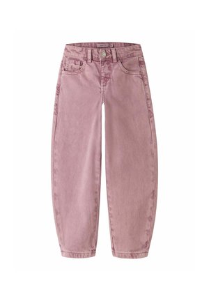 Pink high-waist straight-leg denim jeans med forreste knap, lynlås, bæltestropper og fem-lomme design.
