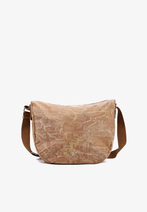 Borsa a tracolla marrone con design a mappa che presenta monumenti. Texture liscia, tracolla regolabile e grafiche stampate dettagliate.