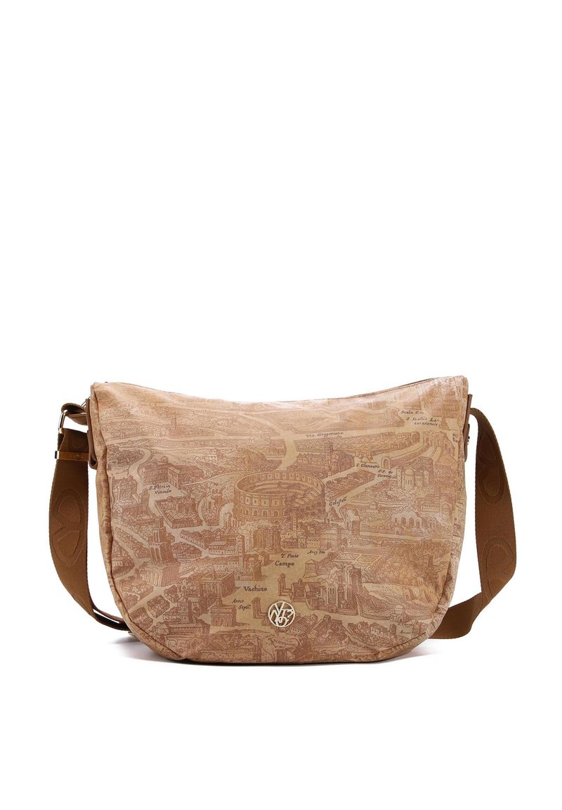 Borsa a tracolla marrone con design a mappa che presenta monumenti. Texture liscia, tracolla regolabile e grafiche stampate dettagliate.