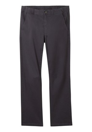 Pantalon gris foncé droit avec taille élastique, deux poches avant, fermeture par bouton et braguette zippée.