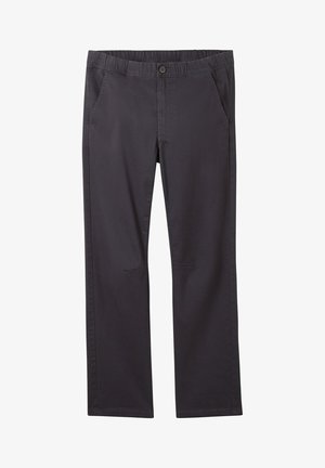 Pantalon gris foncé droit avec taille élastique, deux poches avant, fermeture par bouton et braguette zippée.