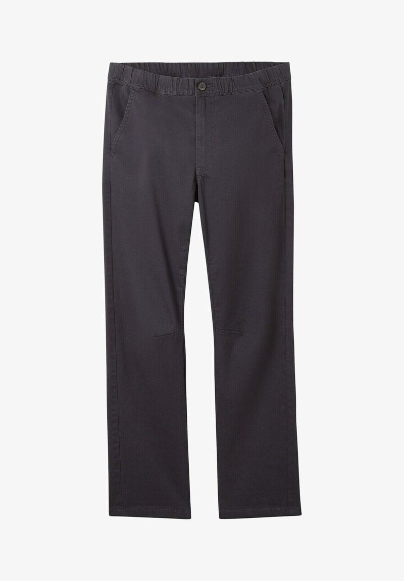 Pantalon gris foncé droit avec taille élastique, deux poches avant, fermeture par bouton et braguette zippée.