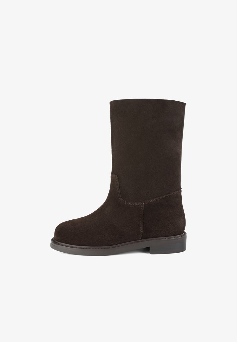 Brown suede ankle boot with a rounded toe and low block heel. Seam detail along the sides and smooth texture overall.