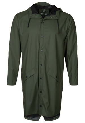 Long olive green waterproof raincoat with hood, front snap buttons, adjustable drawstrings, and angled flap pockets.