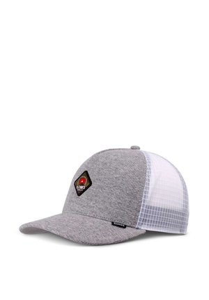 Graue Kappe mit einer soliden strukturierten Vorderseite, Mesh-Seiten und einem gebogenen Schirm. Mit einem rhombusförmigen Logopatch in der Mitte.