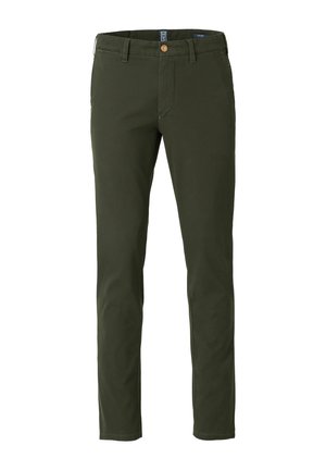 Groene katoenen chinos met een rechte pijpdesign, voorzien van een knoopsluiting, riemlussen, en voor- en achterzakken. Soepele textuur.