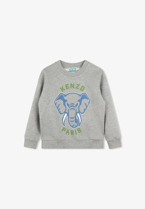 Sweatshirt gris avec un graphique d'éléphant bleu et le texte "KENZO PARIS" en vert. Conçu en tissu doux avec des poignets côtelés.