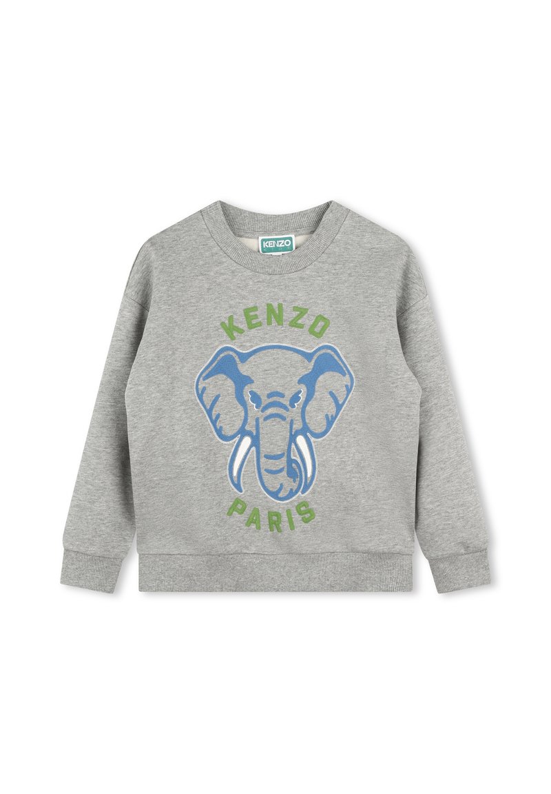 Sweatshirt gris avec un graphique d'éléphant bleu et le texte "KENZO PARIS" en vert. Conçu en tissu doux avec des poignets côtelés.