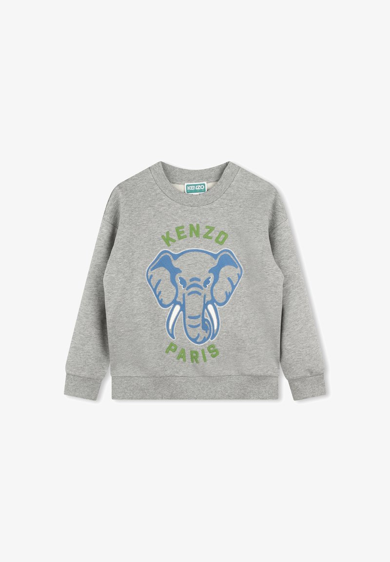 Sweatshirt gris avec un graphique d'éléphant bleu et le texte "KENZO PARIS" en vert. Conçu en tissu doux avec des poignets côtelés.