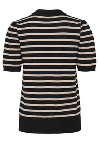 Svart och beige randig kortärmad tröja med rund halsringning och ribbad nederkant. Mjuk stickad kvalitet med avslappnad passform. Puffärmar vid axlarna.