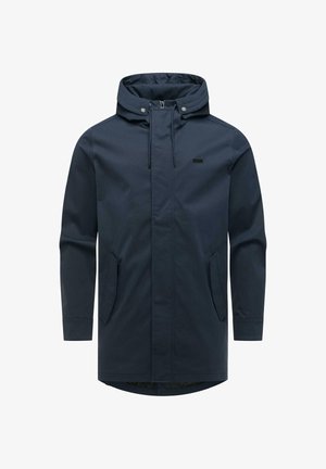 Marineblå vanntett hetteparkas med frontglidelås, trykknappkrage, to vinklete sidelommer og lange ermer.