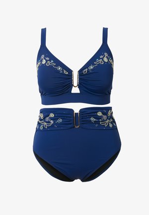 Marineblå to-delt badedragt med høj talje på bunddelen og top, begge med guldbeklædte og turkis perlebesætninger samt centrale gyldne U-formede detaljer.