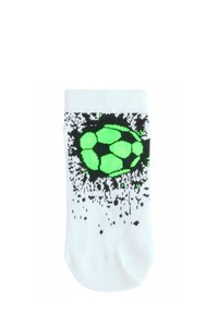 Fehér futballtémájú zoknik, nagy zöld és fekete focilabdával díszítve, fekete fröccsenés effektussal körülötte. Pamut anyag.