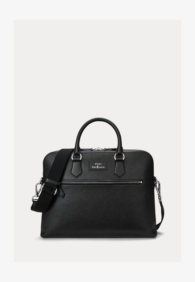 Serviette en cuir noir avec deux poignées, poche avant zippée, bandoulière détachable et patch logo Polo Ralph Lauren.