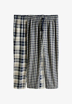 Kaks paari meeste ruudulise mustriga pidžaamapükse tumesinises ja beežis, kummipaela ja paelaga vöökohaga, erinevate ruuduliste mustritega.