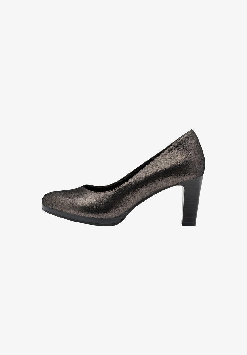 Scarpa da donna in grigio metallizzato scuro, chiusa all'altezza delle dita, con punta arrotondata e tacco a blocco, mostrata in profilo laterale.