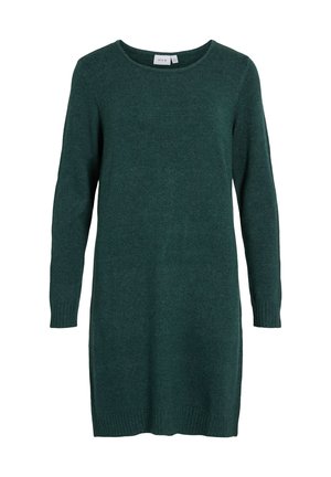 Grünes gestricktes Kleid mit rundem Ausschnitt, langen Ärmeln, gerippten Bündchen und seitlichen Schlitzen. Weiche Textur und lässige, lockere Passform.
