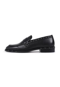 Black leather loafers with studded detailing along the upper and sole, featuring a flat heel and classic moccasin design.