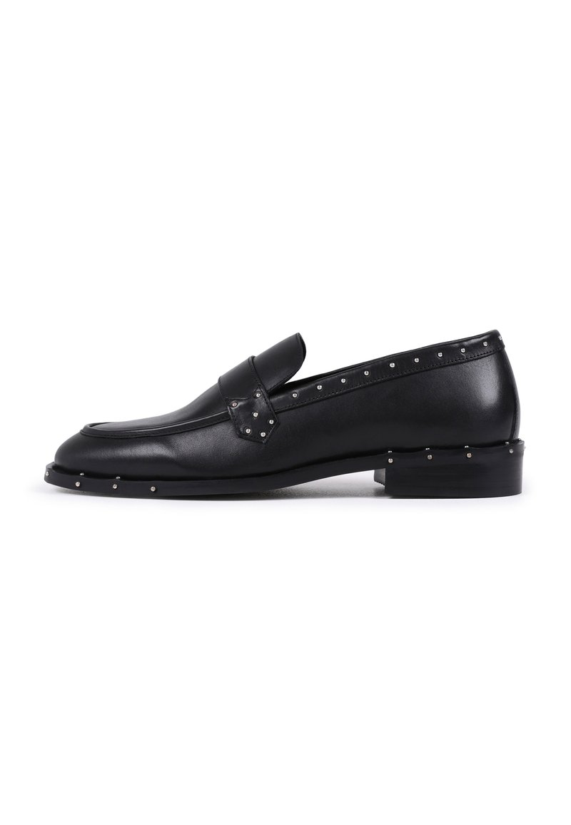 Black leather loafers with studded detailing along the upper and sole, featuring a flat heel and classic moccasin design.